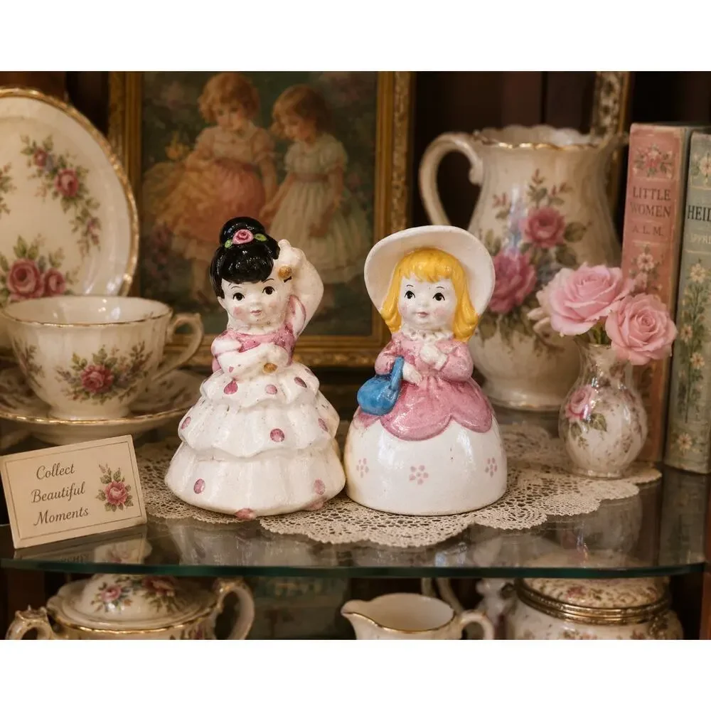 Vintage Storybook Girl Salt & Pepper Shakers Ceramic Pair Pink Mid Century